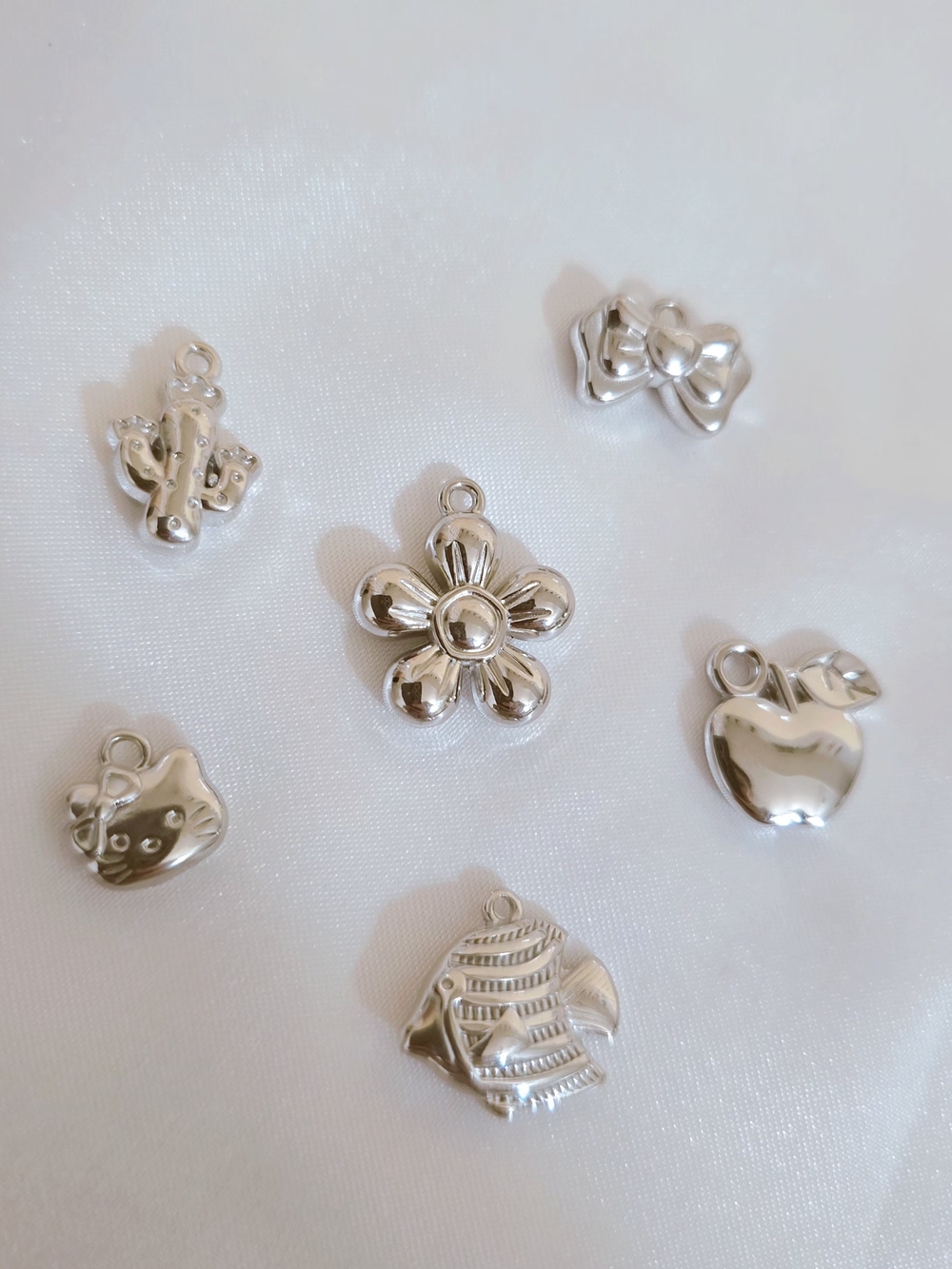Silver-tone Cute Charm Mix Lot - Flower, Apple, Bow, Kitty, Fish, Cactus